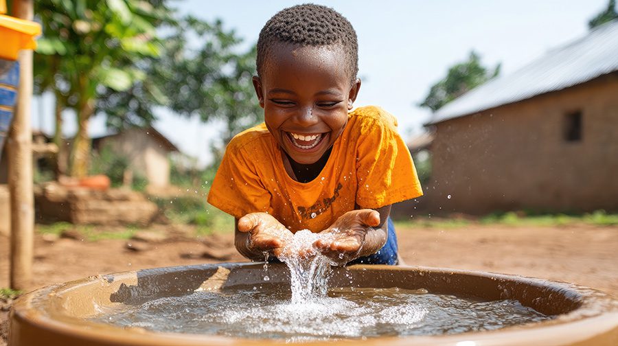 A joyful child plays with water while smiling, enjoying a sunny day in an outdoor setting.