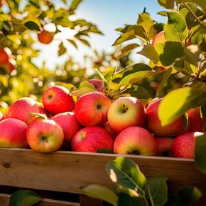 Freshly picked apples in a basket at the apple orchard.