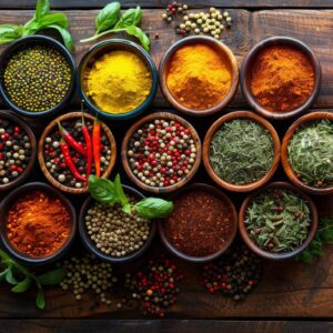Various colorful spices and herbs in wooden bowls on rustic wooden table. Concept of culinary diversity, aromatic flavors, and traditional cooking.