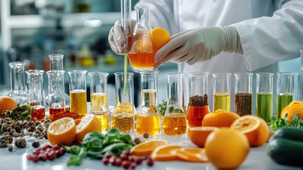 Scientist holding glass flask with orange extract and test tubes filled with colorful liquids surrounded by citrus fruits and herbs.